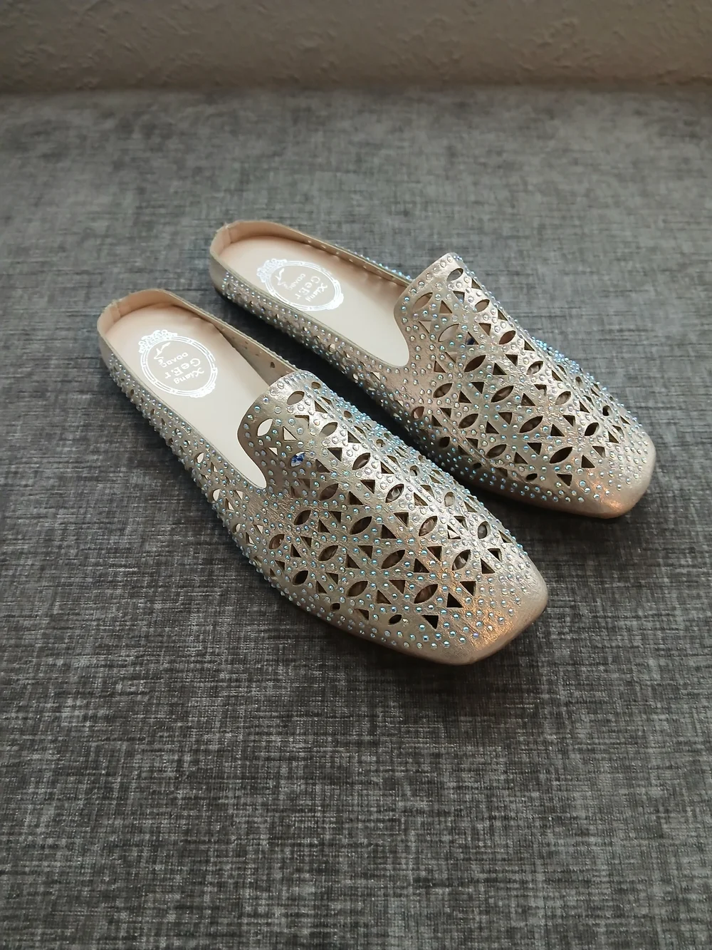 Laser-Cut Embellished Slip-On Flats in Champagne